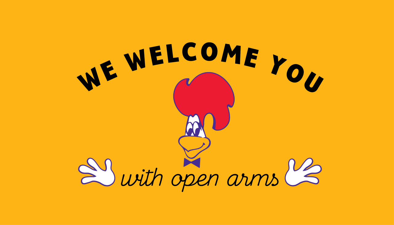An infographic “We welcome you with open arms” with the St-Hubert rooster opening his arms.