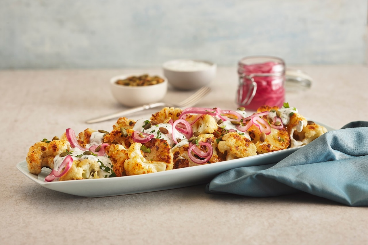 Roasted Cauliflower with BBQ Spices and Yogurt Sauce