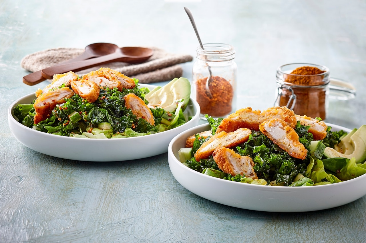 Green Salad with Crispy Chicken and Indian Vinaigrette