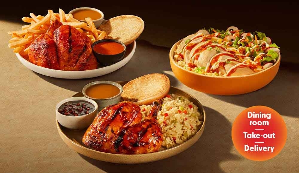 2 roasted chicken breast dishes with various sauces and sides plus a St-Hub Bowl with roasted chicken breast