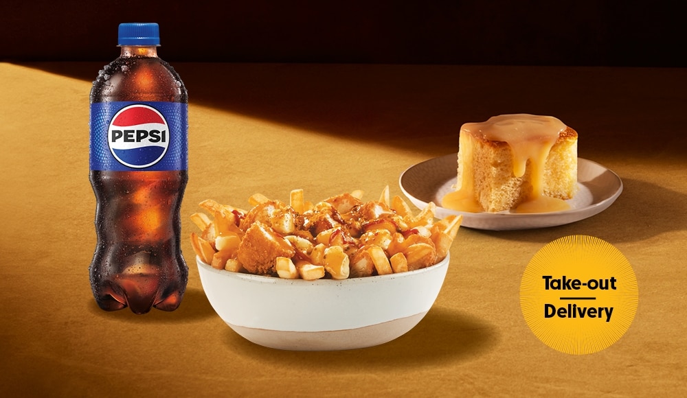 Pepsi bottle, poutine and cake