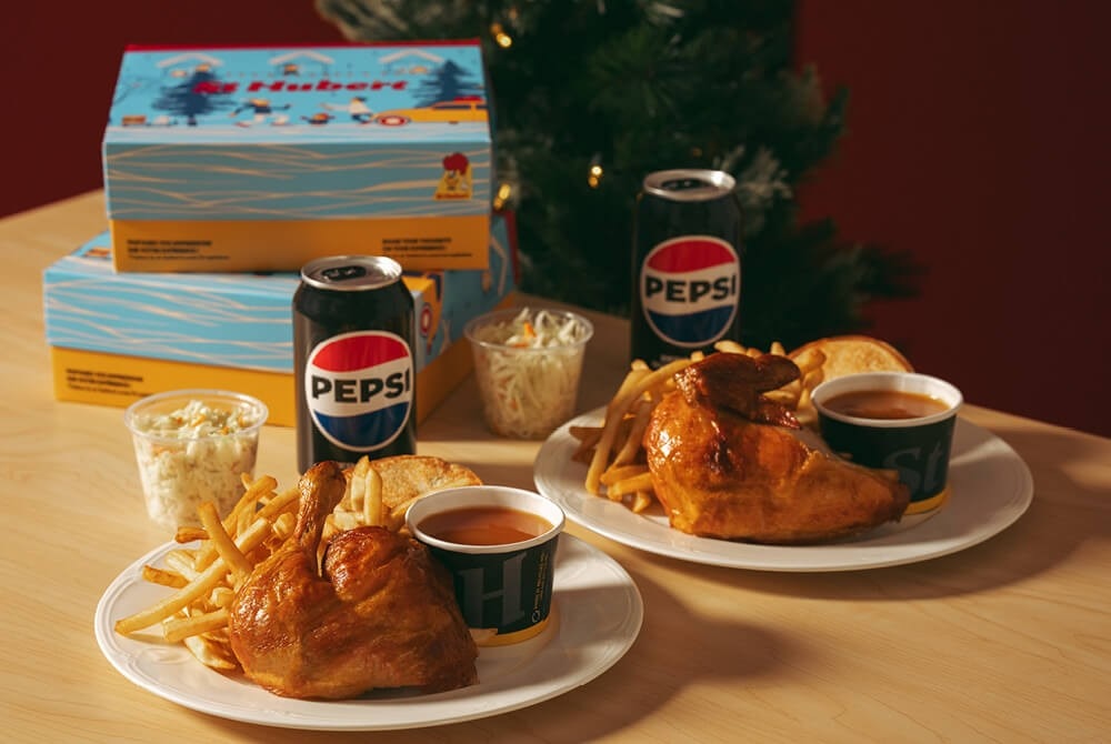 St-Hubert's Holiday Economix, quarter chicken leg and quarter breast meals with a zero sugar Pepsi can per meal.