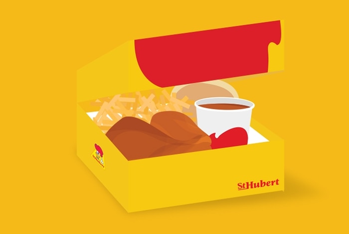 St-Hubert’s yellow box containing chicken, fries and sauce