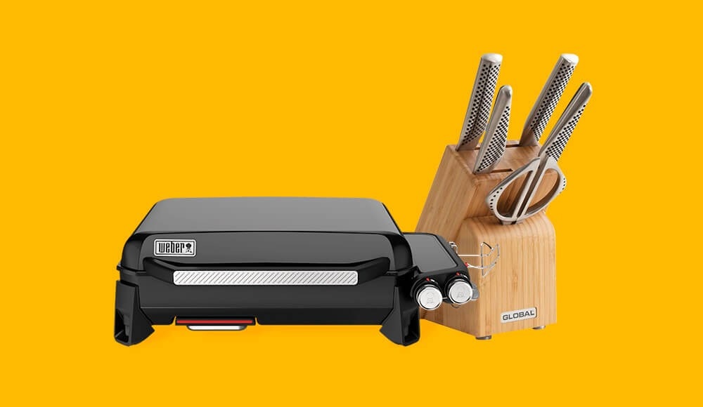 Weber plancha grill and Takashi and Global knife sets