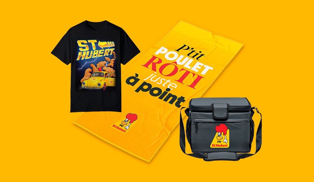 T-shirt, beach towel and cooler with the St-Hubert logo