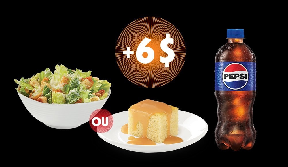 Un gâteau blanc à la vanille avec sauce sucre à la crème, une salade césar et une bouteille de Pepsi