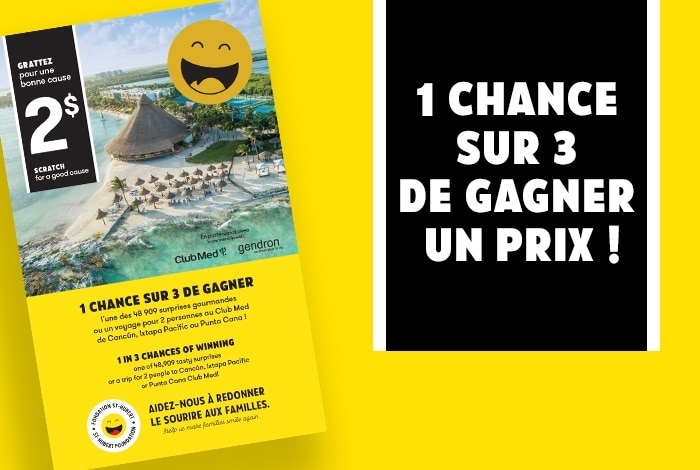 Cartes à gratter et mention d'une chance sur 3 de gagner un prix!