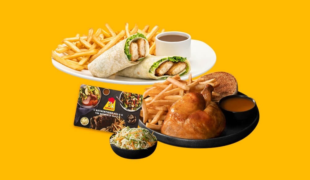 Carte-cadeau St-Hubert, assiette de wraps végé et assiette de cuisse de poulet rôti